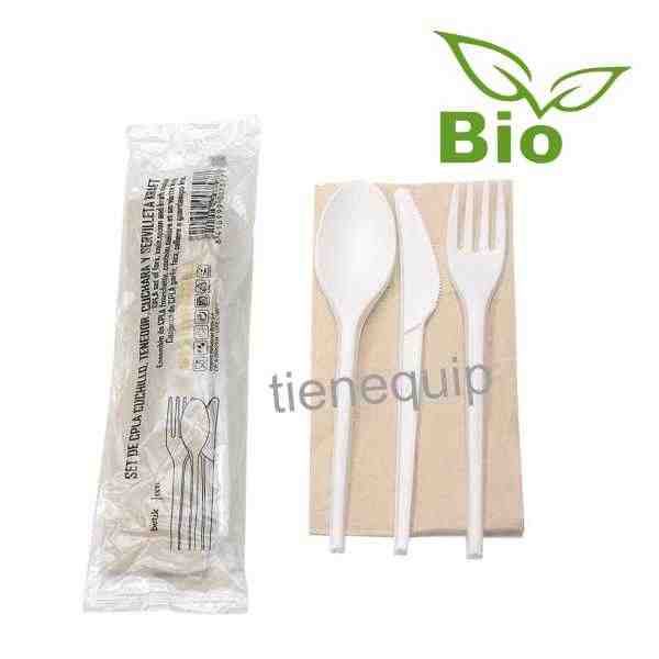 Set cubiertos Eko-CPLA blanco cuchara, tenedor, cuchillo y servilleta 50  uds – Tienequip